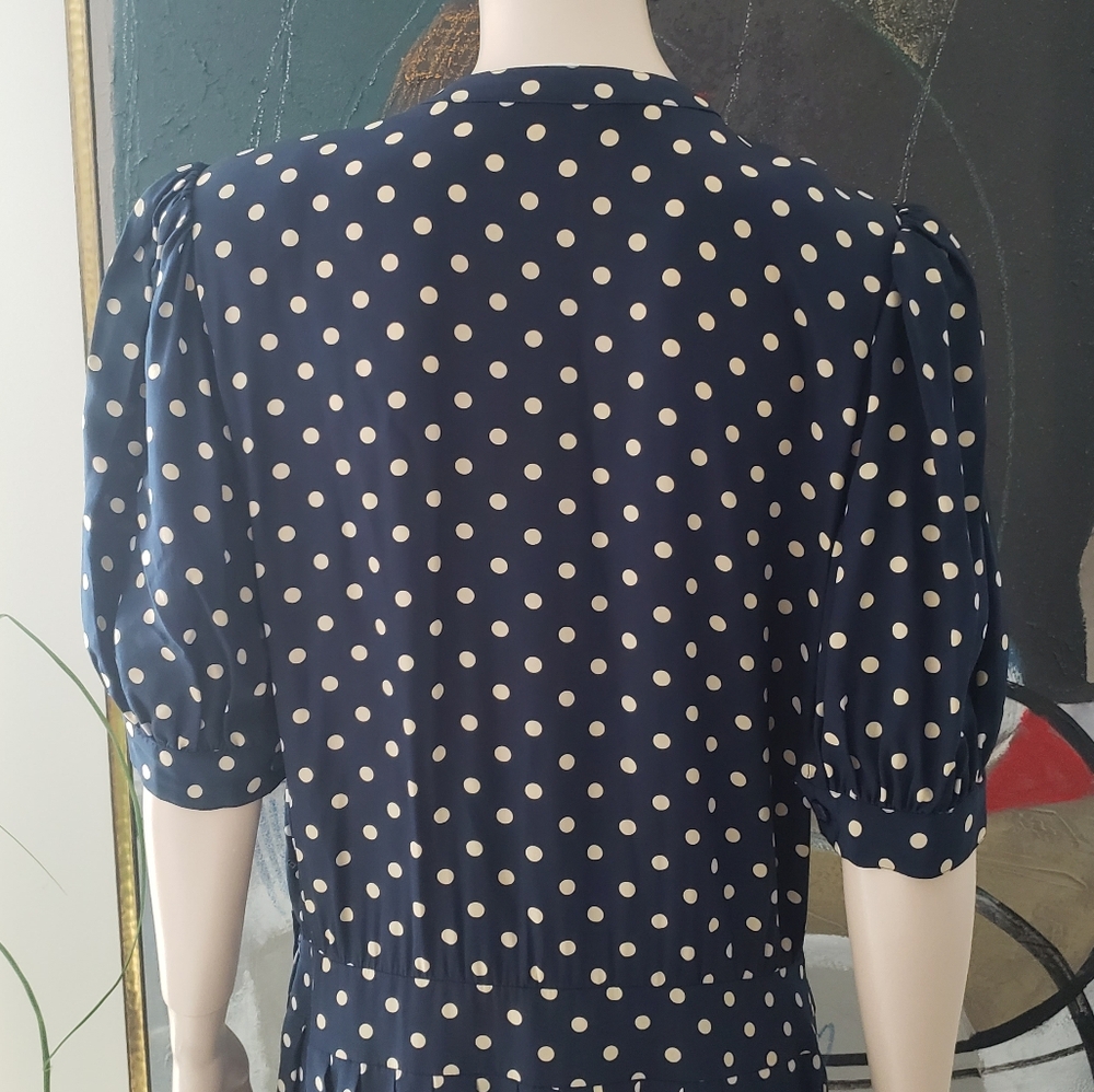 Albert Nipon | Silk Polka Dot Dress with Tie and Pleated Detail - Picture 4 of 16